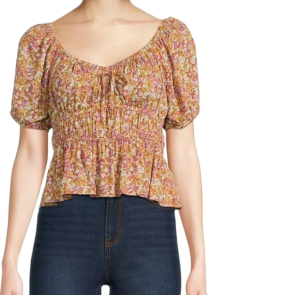 Floral Puff Sleeve Scrunched Peplum Blouse - Picture 1 of 6